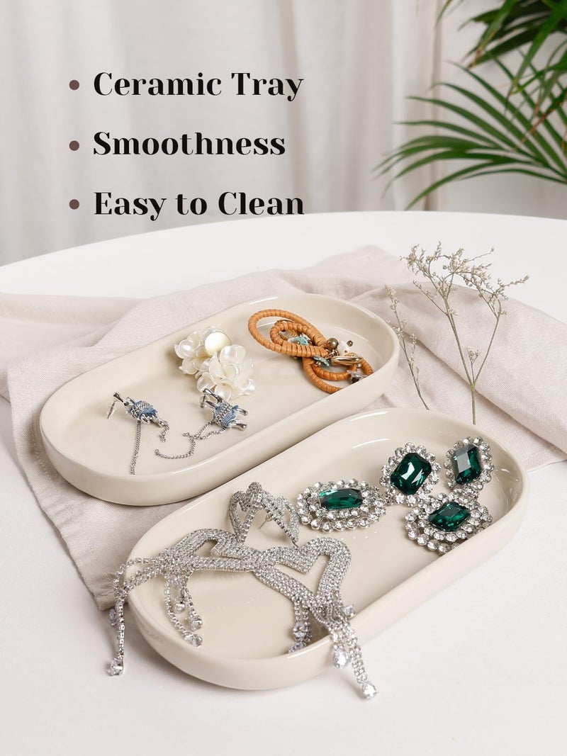 INGOFIN 7" Ceramic Bathroom Vanity Tray Set- 2 Pcs Bathroom Organizer Countertop Tray for Perfume, Jewelry, Small Kitchen Counter Soap Tray, Decorative for Bathroom Vanity and Toilet Tank, Beige - Image 4